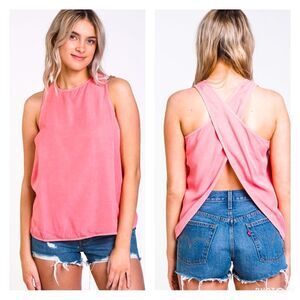 TENTREE Harbour Tank in Porcelain Rose Pink Criss Cross Back Sustainable Sz M